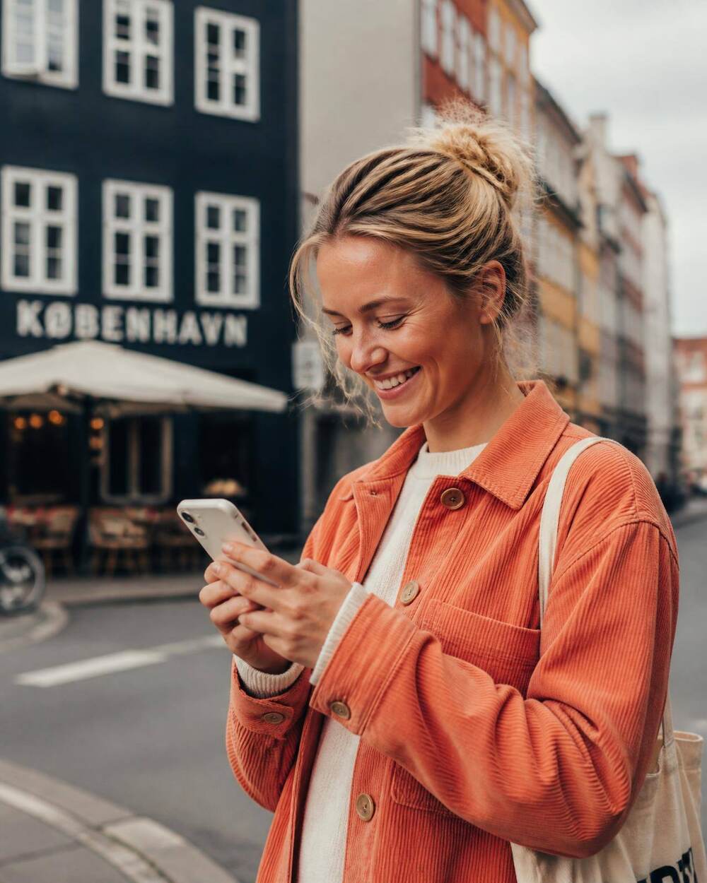 Kvinde tjekker sit mobilabonnement på telefonen på en dansk gade